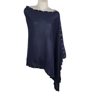 Soft Surroundings Women Poncho Asymmetrical Boat Neck Grommet Linen One Size Blu